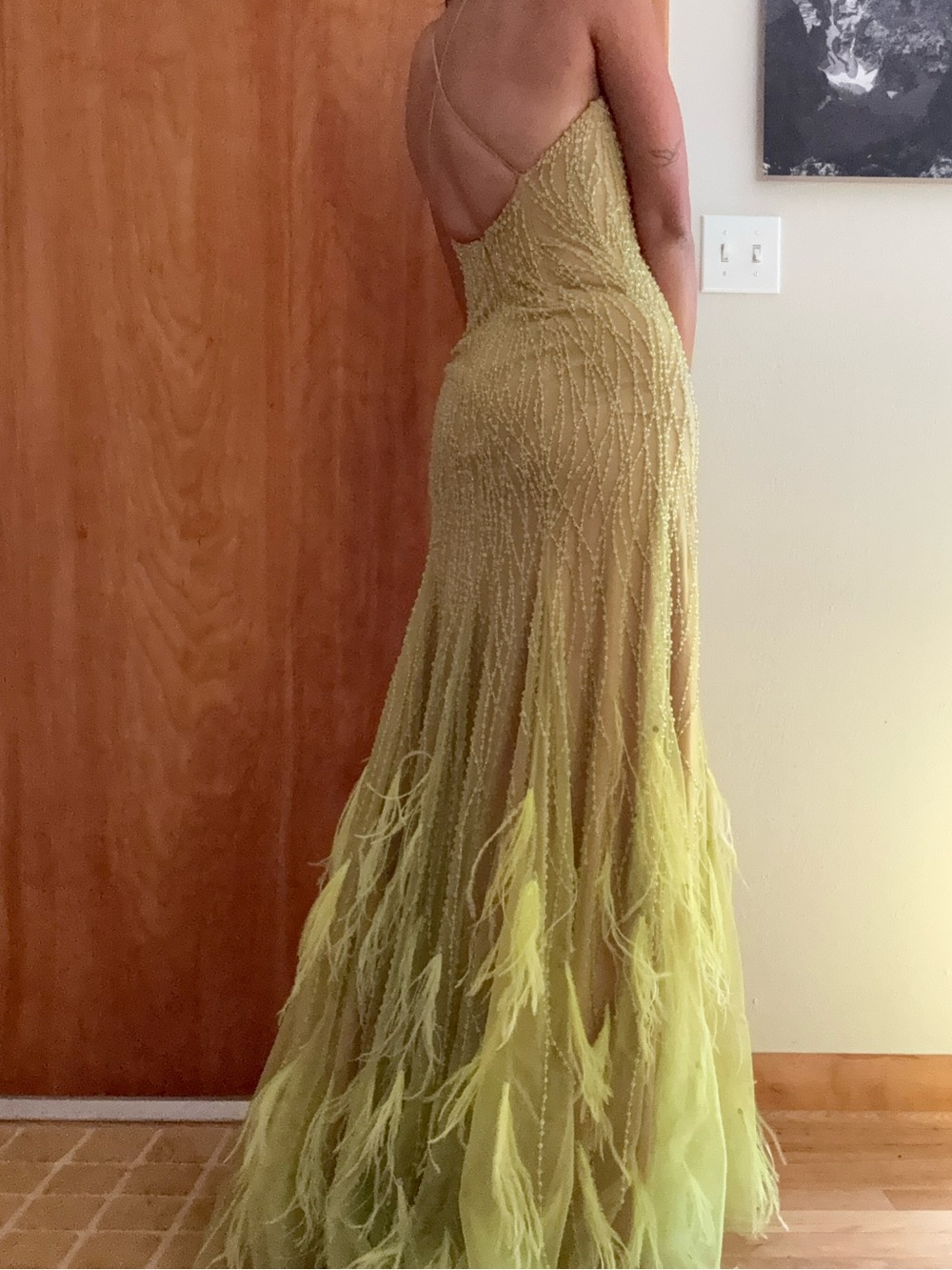 Mac Duggal Green Beaded Feathered Evening Gown
